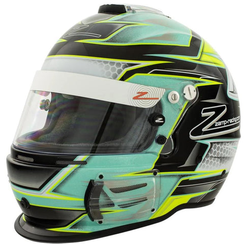  Zamp RZ-42 SNELL SA2015 graphic racing helmet with green and silver design 